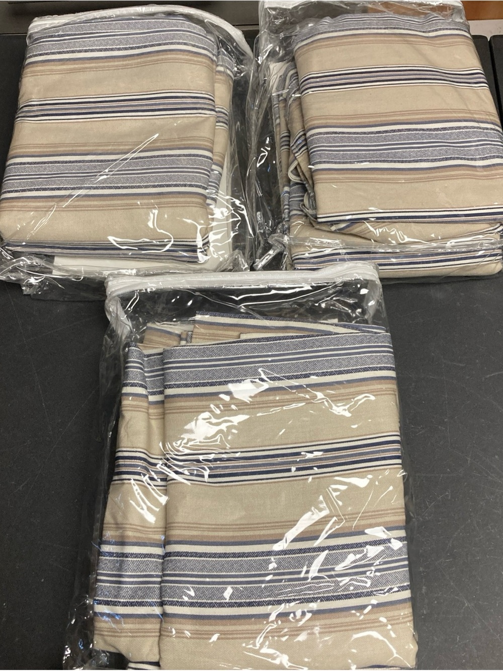 Striped Beige and Blue indoor curtains panels 52” x 63” 3 pkgs=6 panels NEW